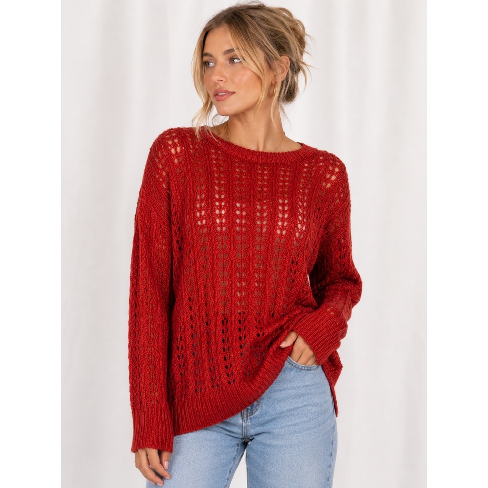 Beverly and Beck | Red Open Knit Pointelle Crewneck Sweater Pullover | Size S